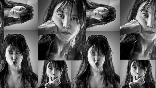 Collage of Koko Hayashi performing different face yoga exercises to improve facial skin elasticity, displayed in black and white.