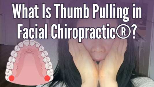 Koko Face Yoga instructor demonstrating thumb pulling in facial chiropractic, showing hand placement on cheeks with mouth diagram and title overlay.