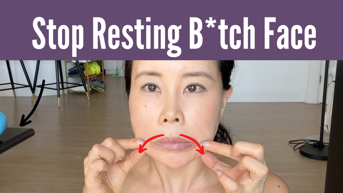 Koko Hayashi showing facial exercises to change the appearance of a stern resting expression, on Koko Face Yoga blog.