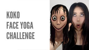Video thumbnail for Koko Face Yoga Challenge, featuring a woman making a surprised expression next to a humorous cartoon figure mimicking the same expression, with text 'KOKO FACE YOGA CHALLENGE