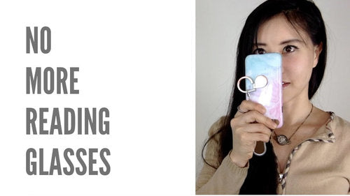 Koko Hayashi holding a smartphone, presenting tips on reducing dependence on reading glasses with face yoga exercises.