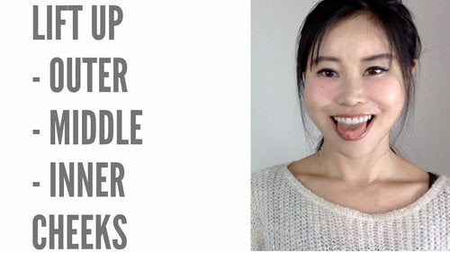 Image showing a smiling woman with text detailing techniques to 'Lift Up Outer, Middle, Inner Cheeks', aimed at enhancing facial contours through targeted exercises.
