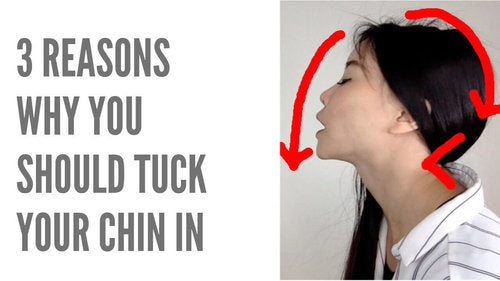 Image for the blog post '3 Reasons Why You Should Tuck Your Chin In', showing a woman demonstrating the correct way to tuck in the chin, highlighted by red arrows to emphasize the movement.
