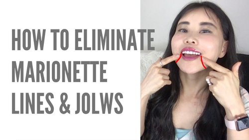 Video thumbnail featuring a woman performing face yoga exercises with a red string to target marionette lines and jowls, accompanied by text 'How to Eliminate Marionette Lines & Jowls