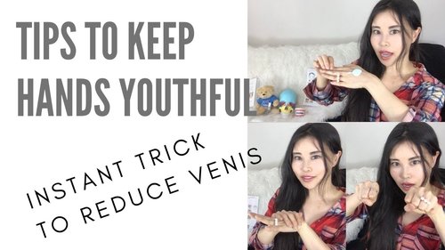 A thumbnail showing a woman demonstrating a hand care technique with text overlay 'Tips to Keep Hands Youthful' and 'Instant Trick to Reduce Veins
