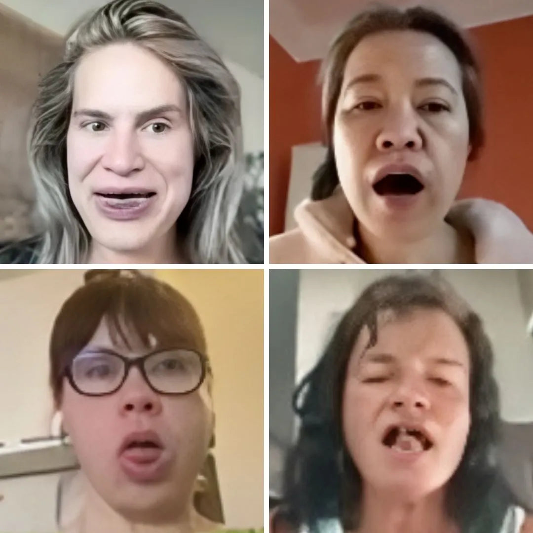 Koko Face Yoga users demonstrating facial aligner exercises in before and after photos to improve jawline, symmetry, and reduce facial tension naturally.