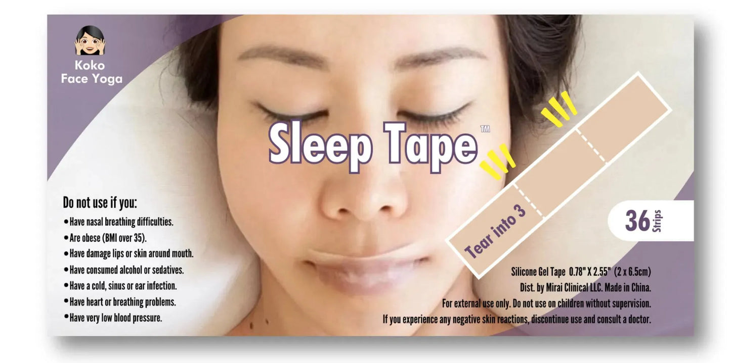 Koko Face Yoga Sleep Tape packaging with woman sleeping and silicone gel strip shown, used to support nasal breathing and facial muscle relaxation overnight.