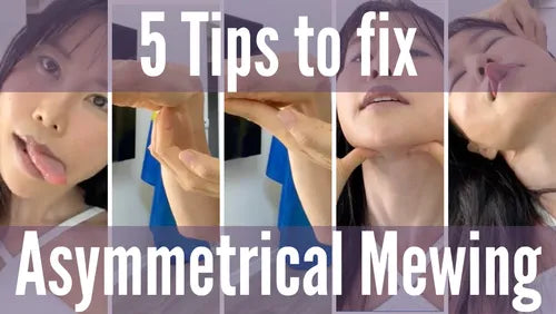 Facial exercises demonstrating tongue positioning and mewing techniques for asymmetrical facial correction.