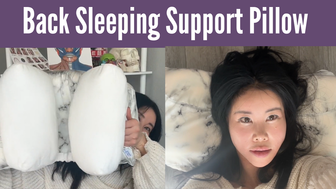 Koko holding and lying on a back sleeping support pillow with text "Back Sleeping Support Pillow.