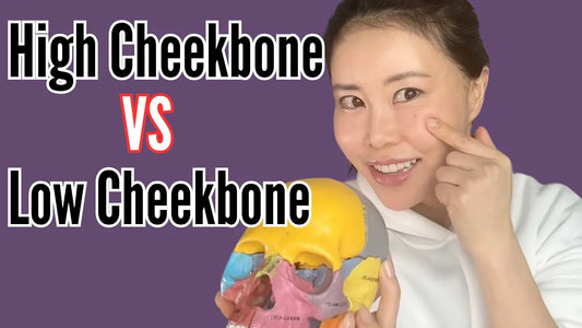 High Cheekbone vs Low Cheekbone: Woman pointing to cheek with skull model.