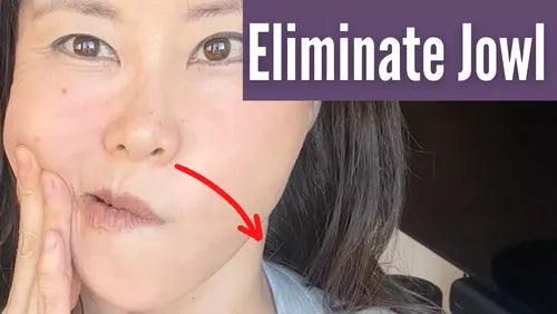 Woman demonstrating facial exercise to eliminate jowls and improve jawline.