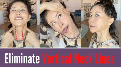 Woman demonstrating facial exercises to reduce vertical neck lines and turkey neck.