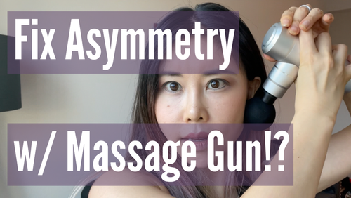 Thumbnail for a blog post titled 'Massage Gun To Improve Facial Symmetry', discussing the innovative use of massage guns for facial muscle relaxation and enhancement of facial balance and symmetry.