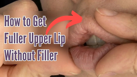 Blog thumbnail showing a woman demonstrating a facial exercise with the text “How to Get Fuller Upper Lip Without Filler,” focused on upper lip and philtrum appearance.