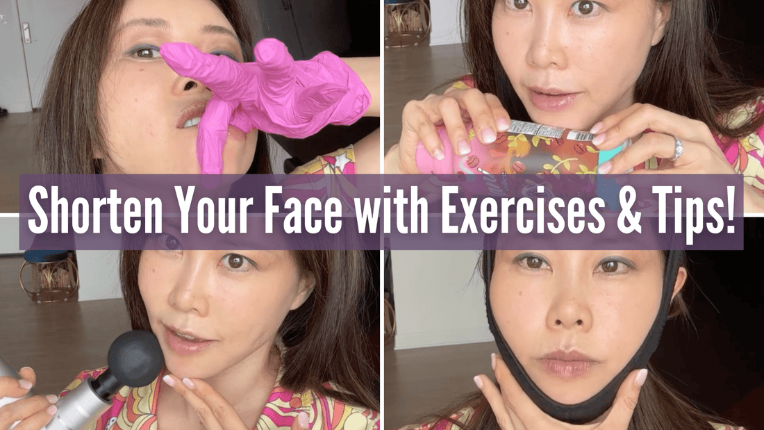 Thumbnail highlighting 'Shorten Your Face with Exercises and Tips!' showing visuals of face-shortening exercises and helpful tips