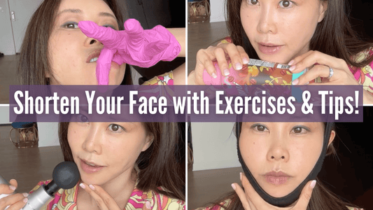 Thumbnail highlighting 'Shorten Your Face with Exercises and Tips!' showing visuals of face-shortening exercises and helpful tips
