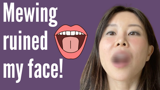 Woman demonstrating mewing with text 'Mewing ruined my face!' on purple background.