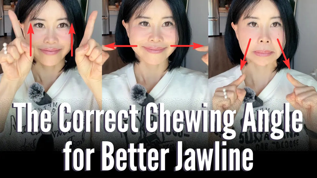 Woman demonstrating proper chewing angles for a better jawline, shown in three poses with directional arrows highlighting jaw movement.