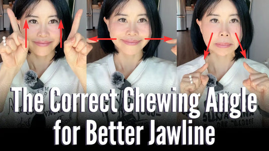 Woman demonstrating proper chewing angles for a better jawline, shown in three poses with directional arrows highlighting jaw movement.