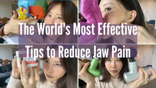 Woman demonstrating facial exercises and massage techniques for jaw pain relief.