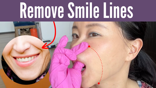 Koko Hayashi demonstrating face yoga techniques to remove smile lines, with a split-image comparison to show results.