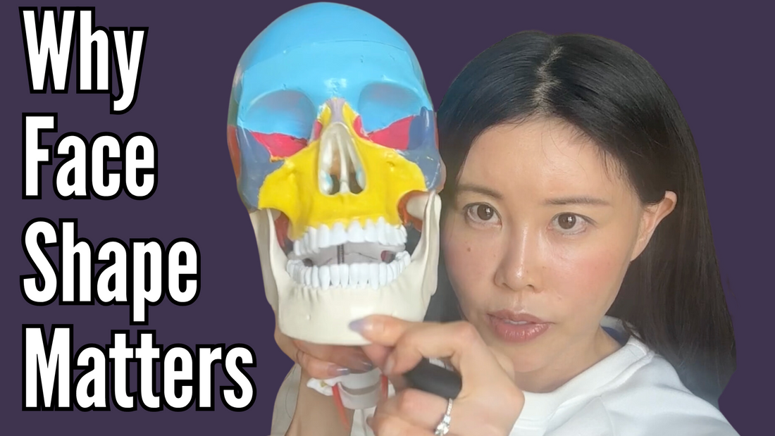 Thumbnail for a Koko Face Yoga blog post titled 'Why Face Shape Matters', featuring Koko explaining the importance of face shape with a colorful anatomical skull model to illustrate the impact of bone structure on aesthetics.