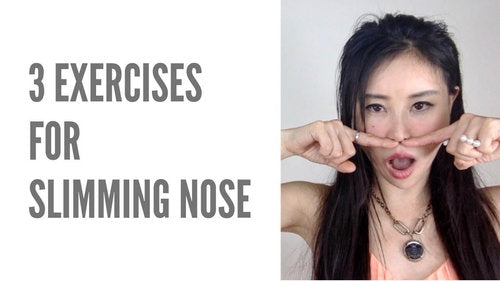 Video thumbnail featuring a woman demonstrating facial exercises for slimming the nose, with text '3 Exercises for Slimming Nose'