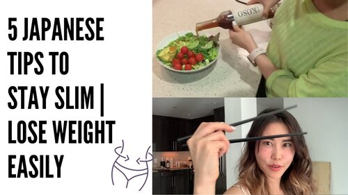 Thumbnail for '5 Japanese Tips to Stay Slim', featuring KOSO pre/probiotic intake, eating until 80% full, prioritizing vegetables, eating slowly, and incorporating NEAT (Non-Exercise Activity Thermogenesis) into daily life.