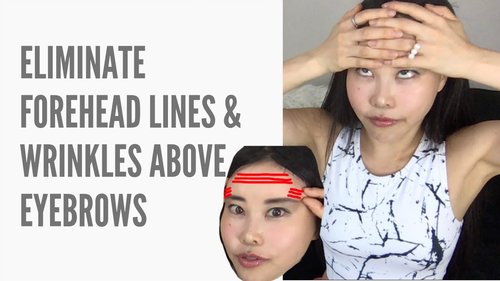 Video thumbnail showing two women demonstrating techniques to eliminate forehead lines and wrinkles above eyebrows, with text 'Eliminate Forehead Lines & Wrinkles Above Eyebrows'