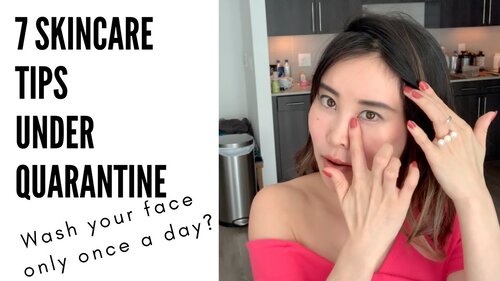 Thumbnail for 'Koko Face Yoga: 7 Skincare Tips Under Quarantine', featuring advice on skin fasting, reducing face washing, going makeup-free, and other practices to maintain healthy skin while staying home.