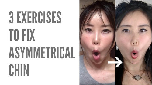 Video thumbnail showing a woman performing three exercises to fix an asymmetrical chin, with before and after images and text '3 Exercises to Fix Asymmetrical Chin