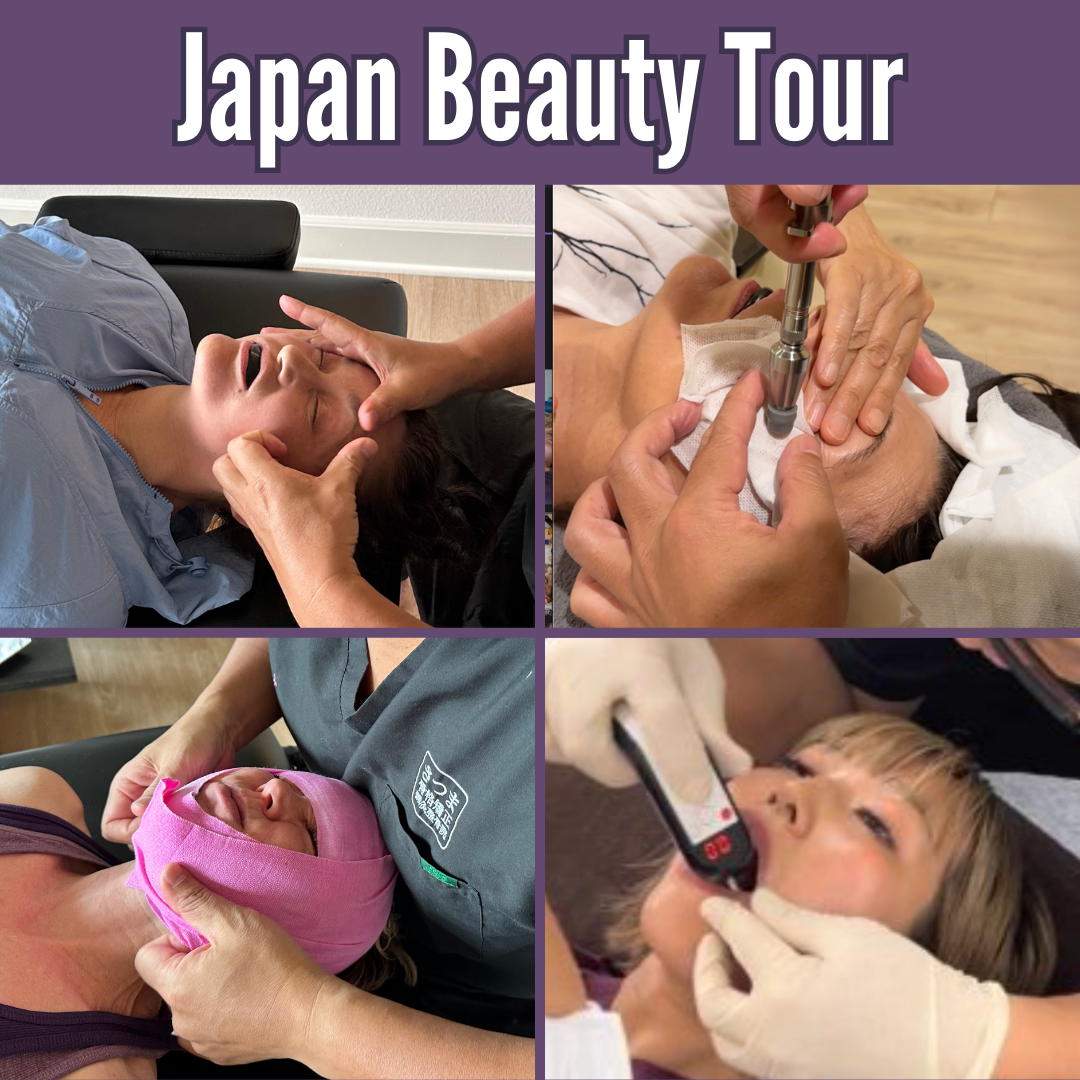 Collage from the Japan Beauty Tour showing various beauty treatments in progress, including facial massage, manicure, face wrapping, and a detailed facial procedure, highlighting the diverse range of beauty services explored during the tour.