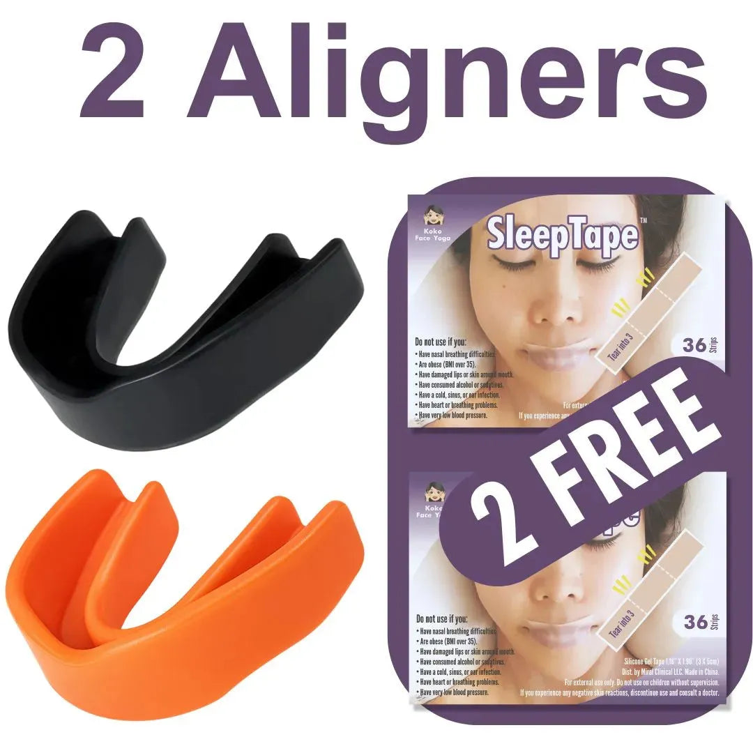 Koko Face Yoga bundle with 1 black Essential aligner, 1 orange Gentle aligner, and 2 free Sleep Tapes for balanced face training day and night.
