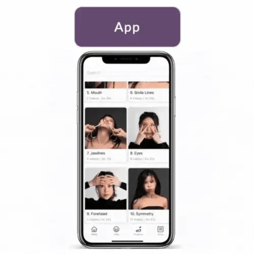 A smartphone centered on a light gray background with a purple label above it reading 'App.' The phone screen shows a beauty/self-care app interface with multiple small portrait photos and text labels such as mouth, smile lines, jewelry, eyes, forehead, symmetry, and lines.

