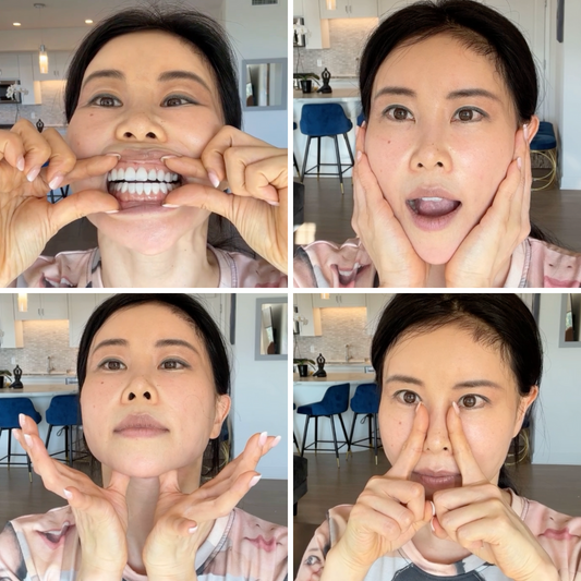 Koko Face Yoga instructor demonstrating facial adjustment technique for natural anti-aging and rejuvenation, highlighting key face yoga poses to enhance youthful appearance.
