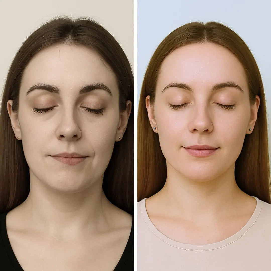 Facial Aligner Slide showing transformation from asymmetrical to symmetrical face using Koko Face Yoga.