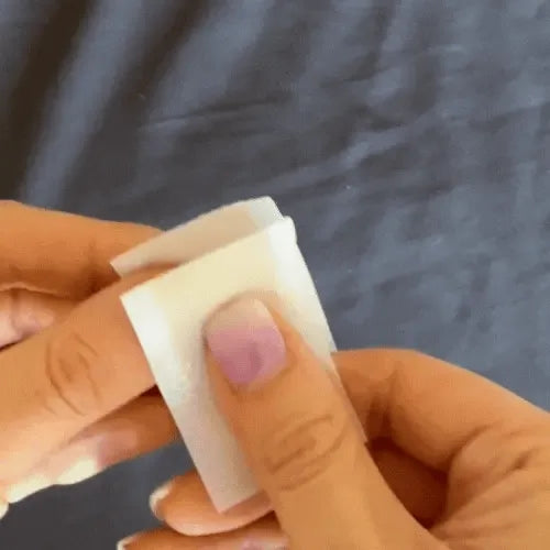 Instructional image showing how to properly tear and apply Koko Face Yoga sleep tape
