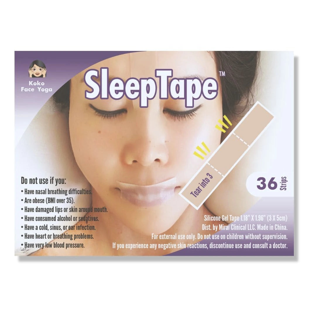 Koko Face Yoga Sleep Tape packaging with woman using mouth tape, 36 silicone strips included.