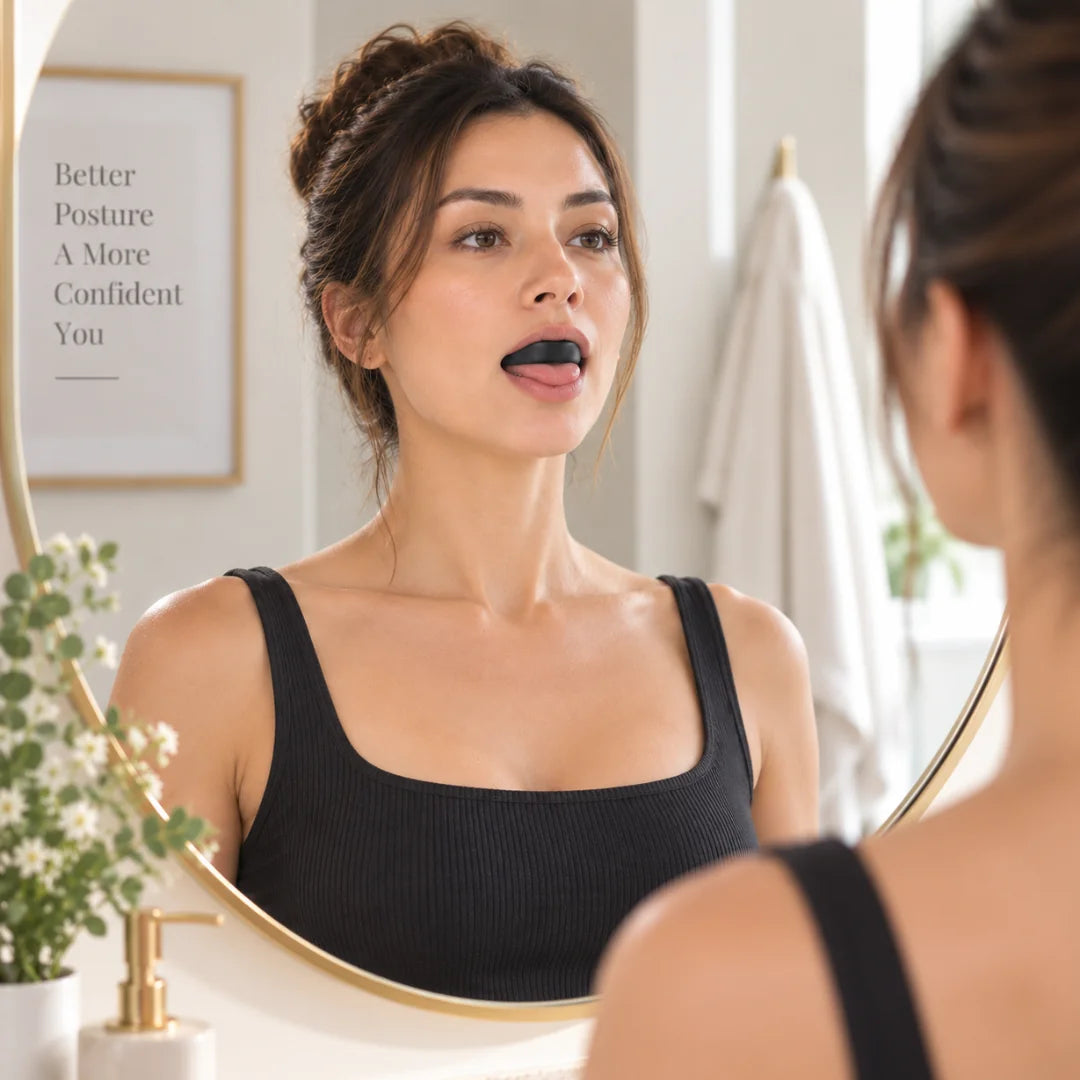 Woman using a black facial aligner mouthpiece at a bathroom mirror, beside framed text reading "Better Posture, A More Confident You."